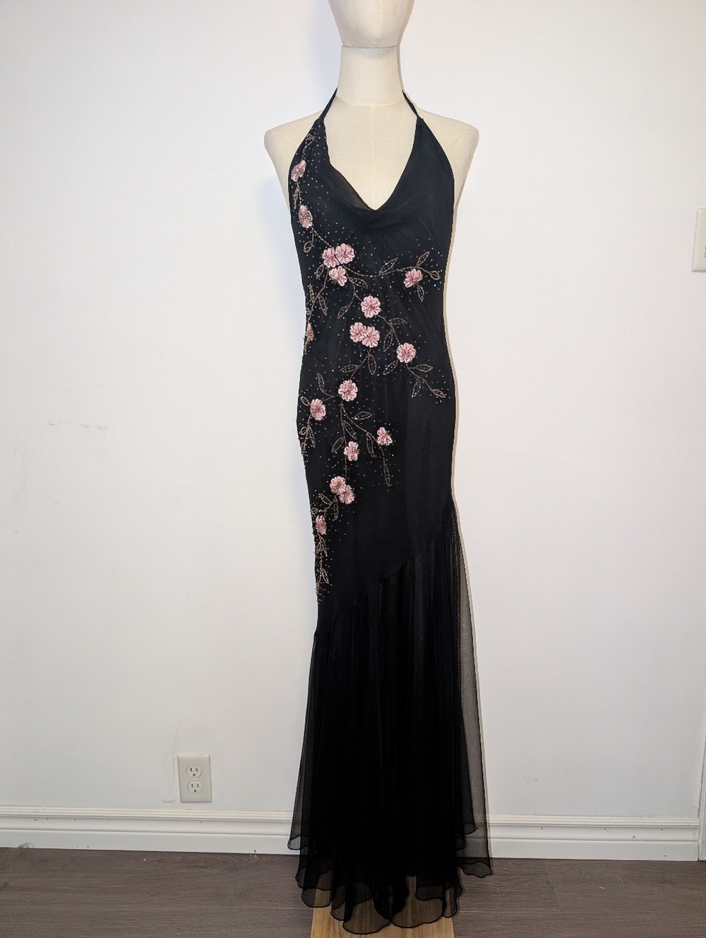 Vintage Elegant Black Silk Halter Evening Gown with Pink Floral Embroidery